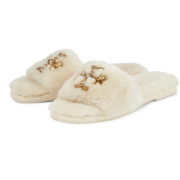 NIB Tory Burch Jeweled Double T Shearling Slipper Buttermilk US 7.5 8 8.5 9 9.5 - Picture 1 of 16